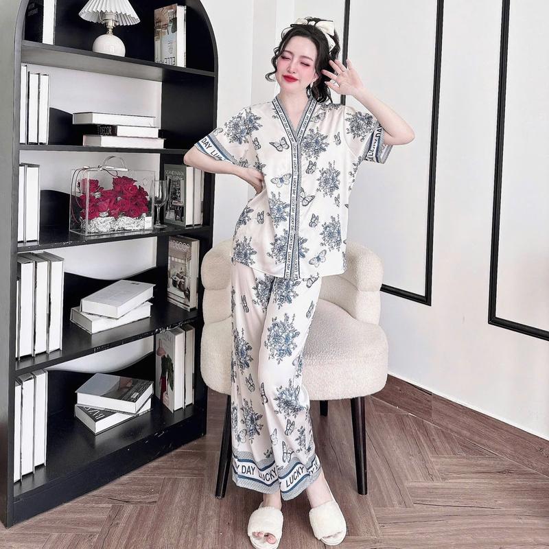 Bộ đồ ngủ nữ pyjama cổ y chất lụa latin cao cấp tay ngắn quần dài họa tiết mới 1