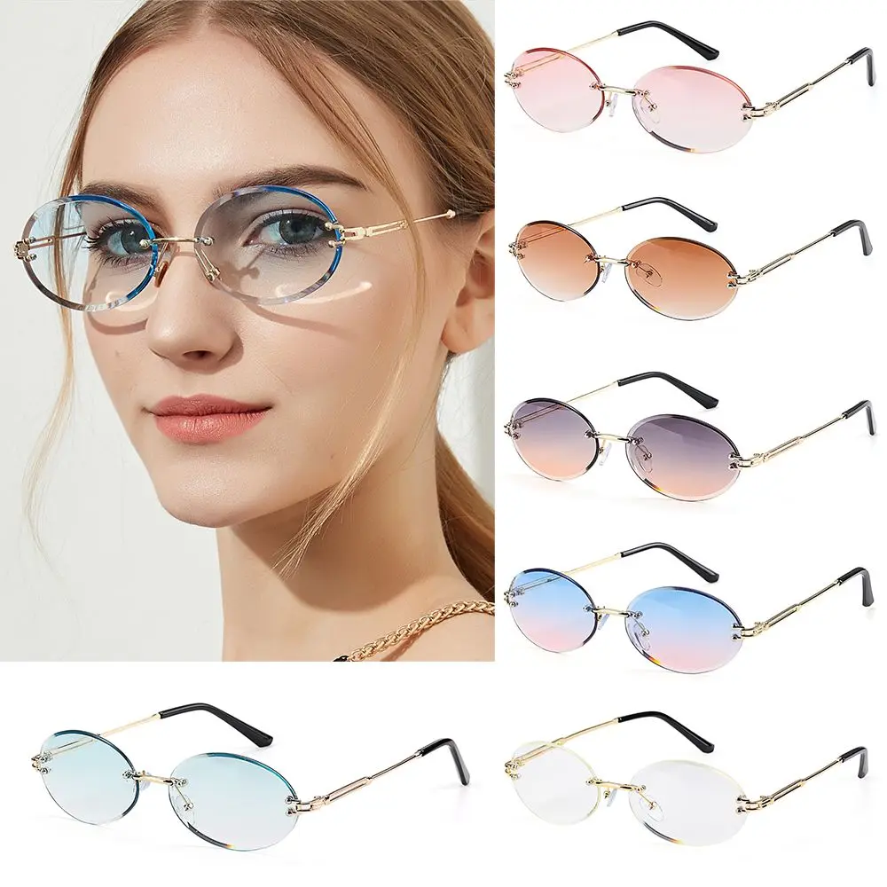 Sunglasses for Women Rimless UV400 Protection  Cutting Lens Shades Vintage Sunglasses Oval Sunglasses
