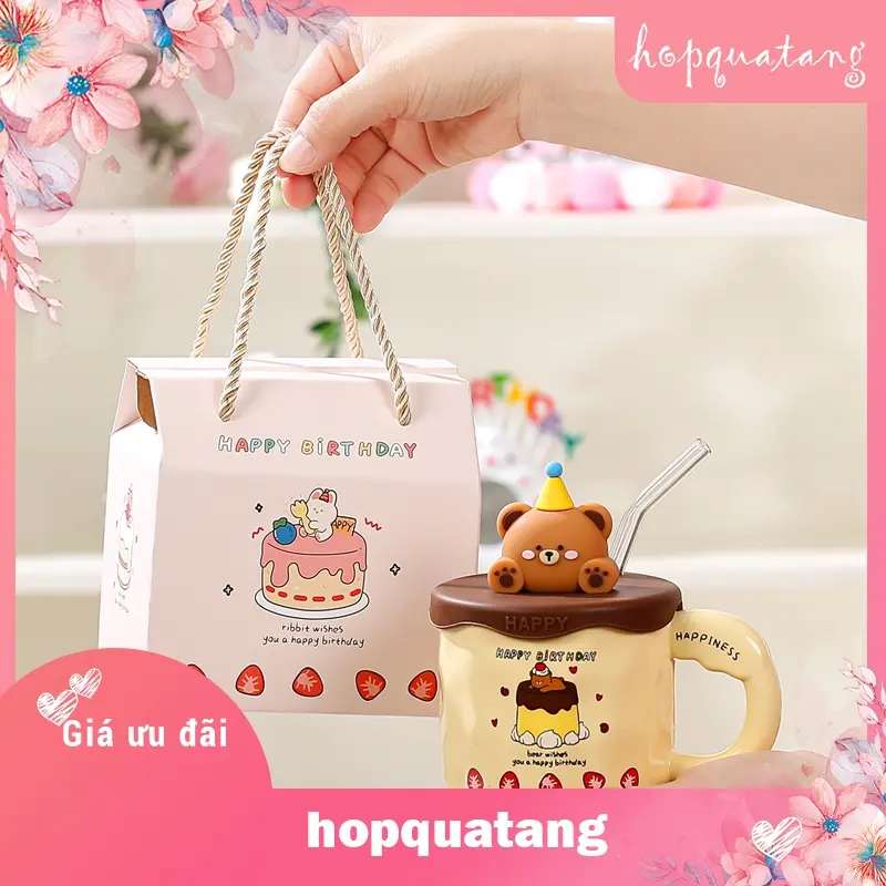 Cốc Sứ Cốc Uống Nước Nắp Hình Thỏ Gấu Sáng Tạo Kèm Hộp Quà Làm Quà Tặng Sinh Nhật 5