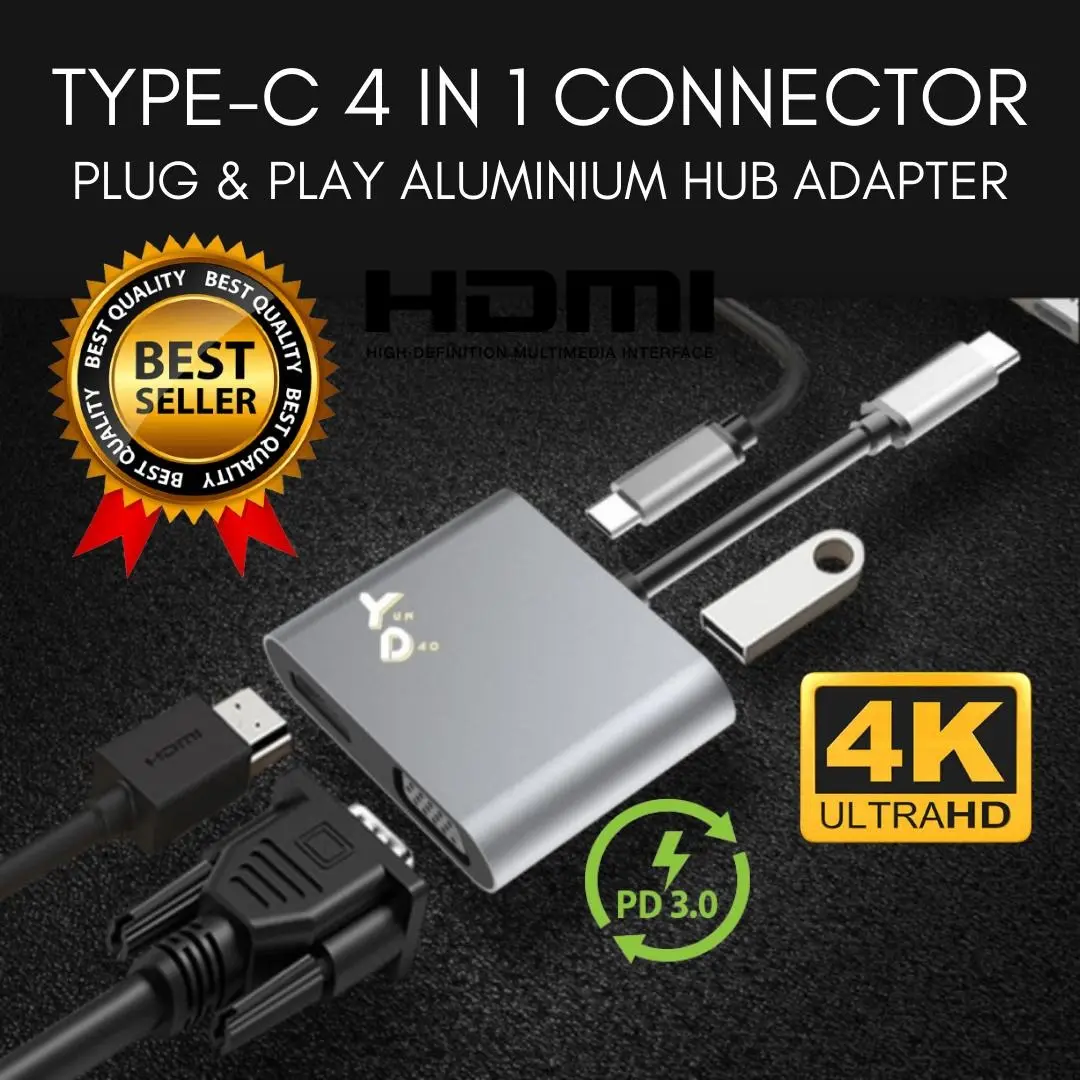USB C Hub Converter 4 in 1 Adapter VGA-HDMI 4K Multiport Laptop Tablet Universal HP Gaming Console