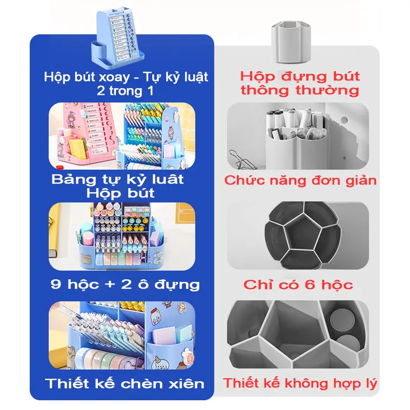 Kivabox Đồ dùng văn phòng phẩm hộp đựng bút để bàn nhiều ngăn màu sắc đa dạng 2 trong 1 gồm bảng tự kỉ luật, lên danh sách công việc cần làm dành cho các bạn học sinh Nhựa 3