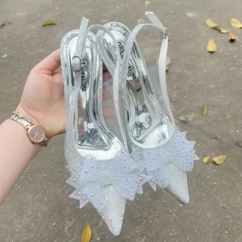 Giày cao gót nữ chất kim sa phối nơ màu sắc siêu xinh 2 màu vàng và bạc Form chuẩn size gót 5p 7p 9p Shoes đẹp ( TC 32 )