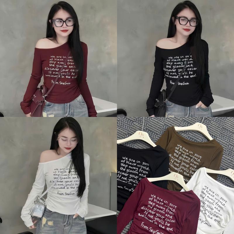 Áo Thun Dài Tay Lệch Vai Chữ - A332 Nữ Women