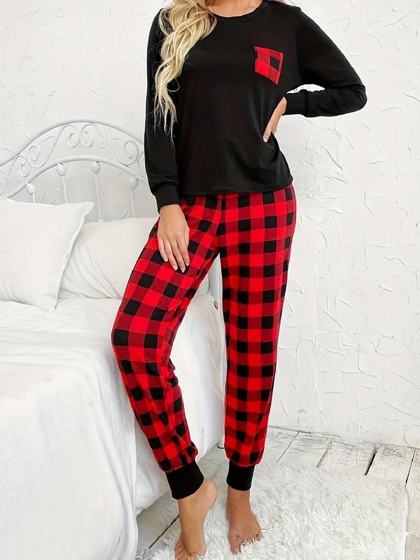 Two-Piece Set Women's Long Sleeve Tee & Plaid Print Pants Pyjama Loungewear Set, Lady Comfy Crew Neck T-shirt & Trousers Pj Set, Womenswear Pajama Set, for Spring & Fall 0