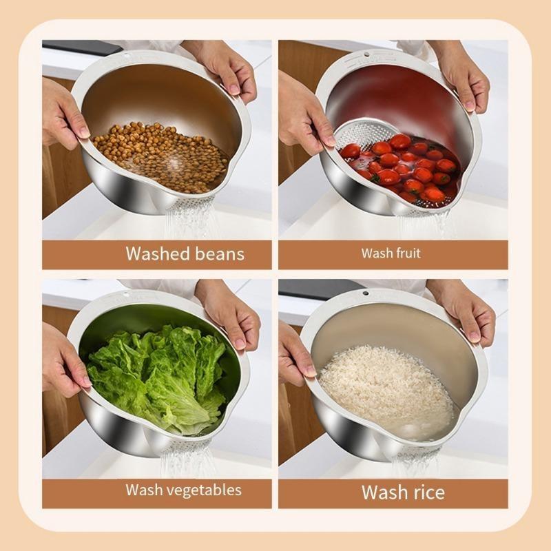 Rice Washer Strainer Bowl with Sucker Stainless Steel Rice Washing Bowls Rice Sieve Colander Fruit and Vegetable Strainer Kitchen Tools 7