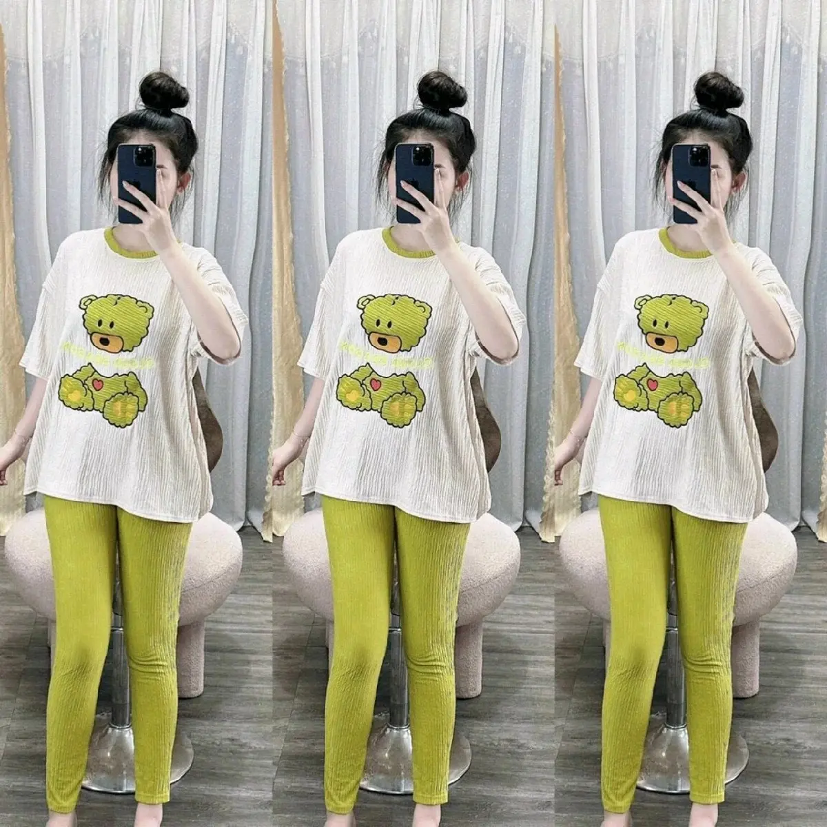 sét bộ thêu hình gấu vải xốp nhật phom từ 40 đến 65kg. vải đẹp co giãn thoải mái.  hoa nari story