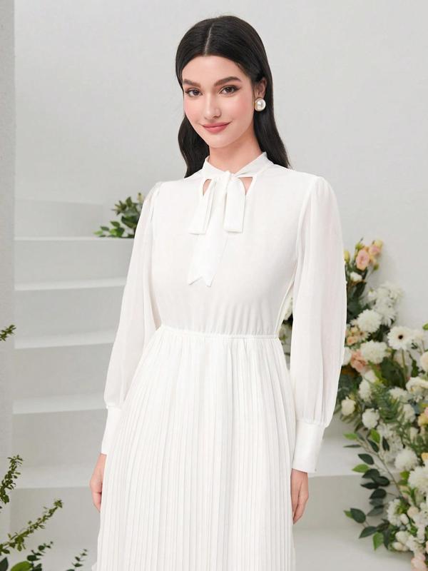 Women's Plain Pleated Tie Front Split A Line Dress Without Belt, Elegant Bishop Sleeve Tie Neck Midi Dress for Party Wedding Guest, Ladies Summer Clothes 2
