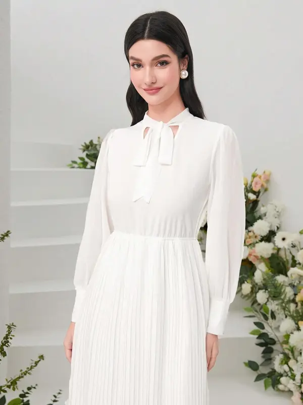 Women's Plain Pleated Tie Front Split A Line Dress Without Belt, Elegant Bishop Sleeve Tie Neck Midi Dress for Party Wedding Guest, Ladies Summer Clothes 2