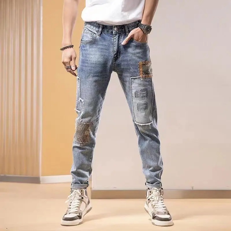 Quần Dài Jean Thêu Vá, Thương Hiệu Thời Trang Mới Của Nam Giới, Khâu Chắp Vá, Phong Cách Hợp Xu hướng Và Rộng Rãi, Thiết Kế Xếp Ly Co Giãn, Quần Dài Đẹp Trai, Dành Cho Nam Giới