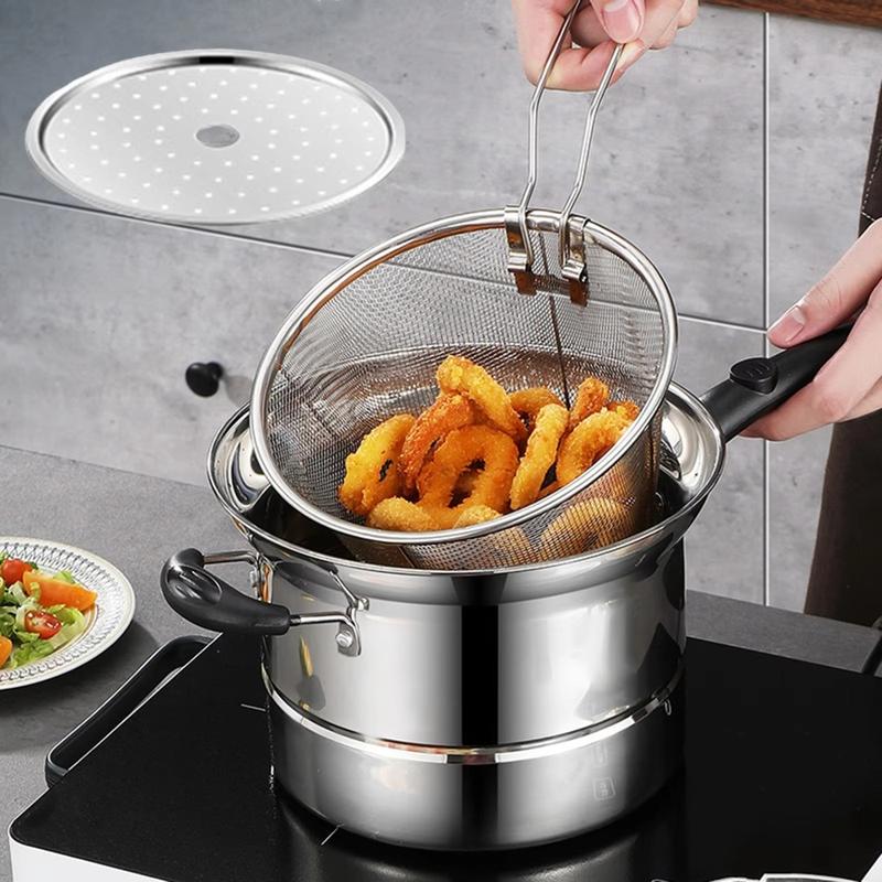 Product Introduction of toinof Multifunctional Stainless Steel Deep Fryer Pot with Strainer with Steaming Tray Saucepan Soup Pot Foldable with Pasta Colander Tempura Pot French Fries 17