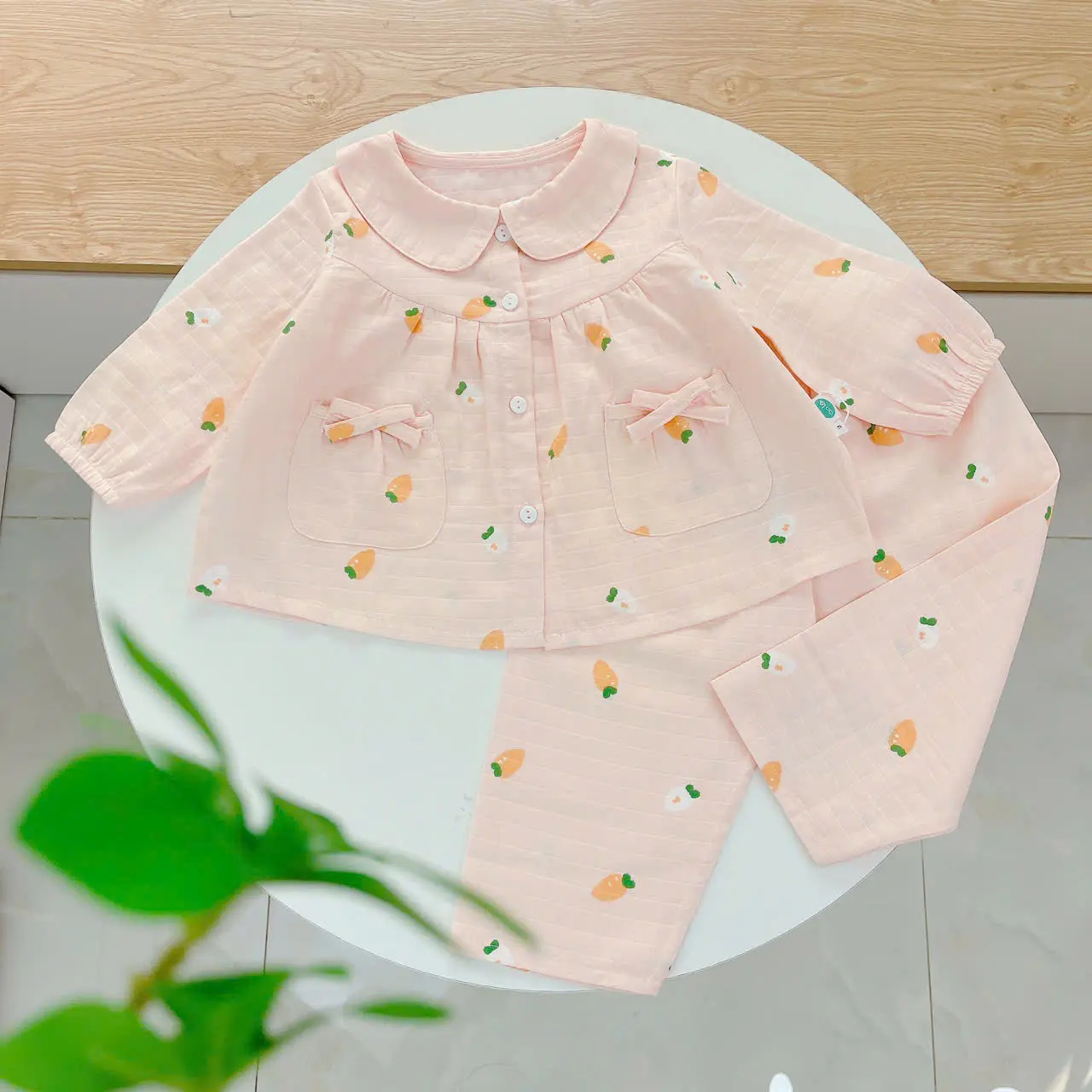 Pijama cho bé gái dài tay xô cotton Áo Lá Homewear A166, bộ dài tay bé gái babydoll mặc ngủ vải xô đũi mát bốn mùa