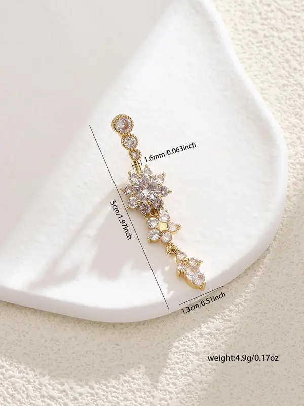 Women's Rhinestone Flowers Decor Belly Ring, Rhinestone Decorated Belly Button Ring, Elegant Flower Design Belly Piercing For Women 5