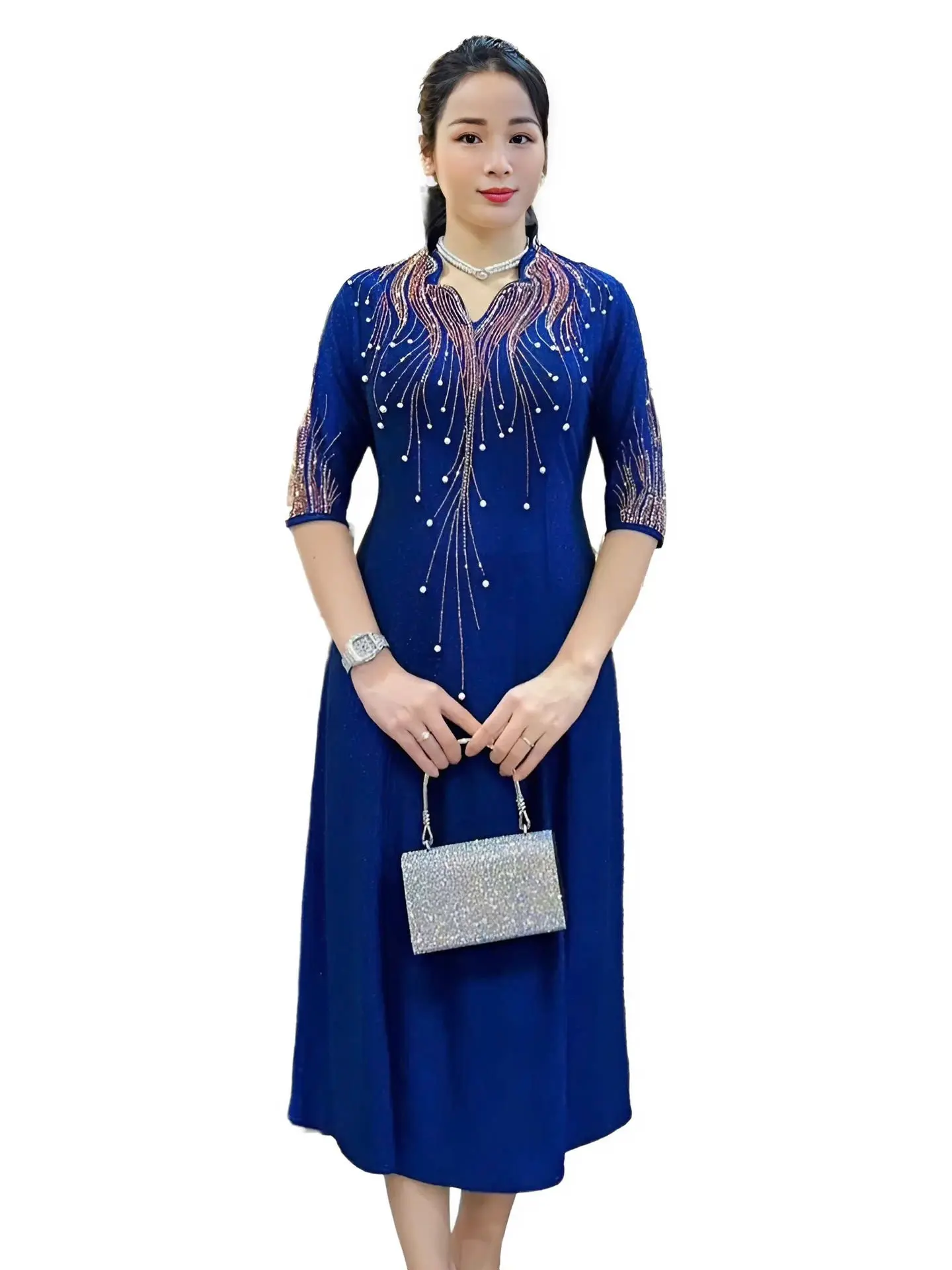 Đầm Trung Niên Dáng Lửng K479 Vải Nhũ Có Lót từ 50-80kg Ôm gọn Thông thường Dress Váy Kim Tuyến Women Màu Đen