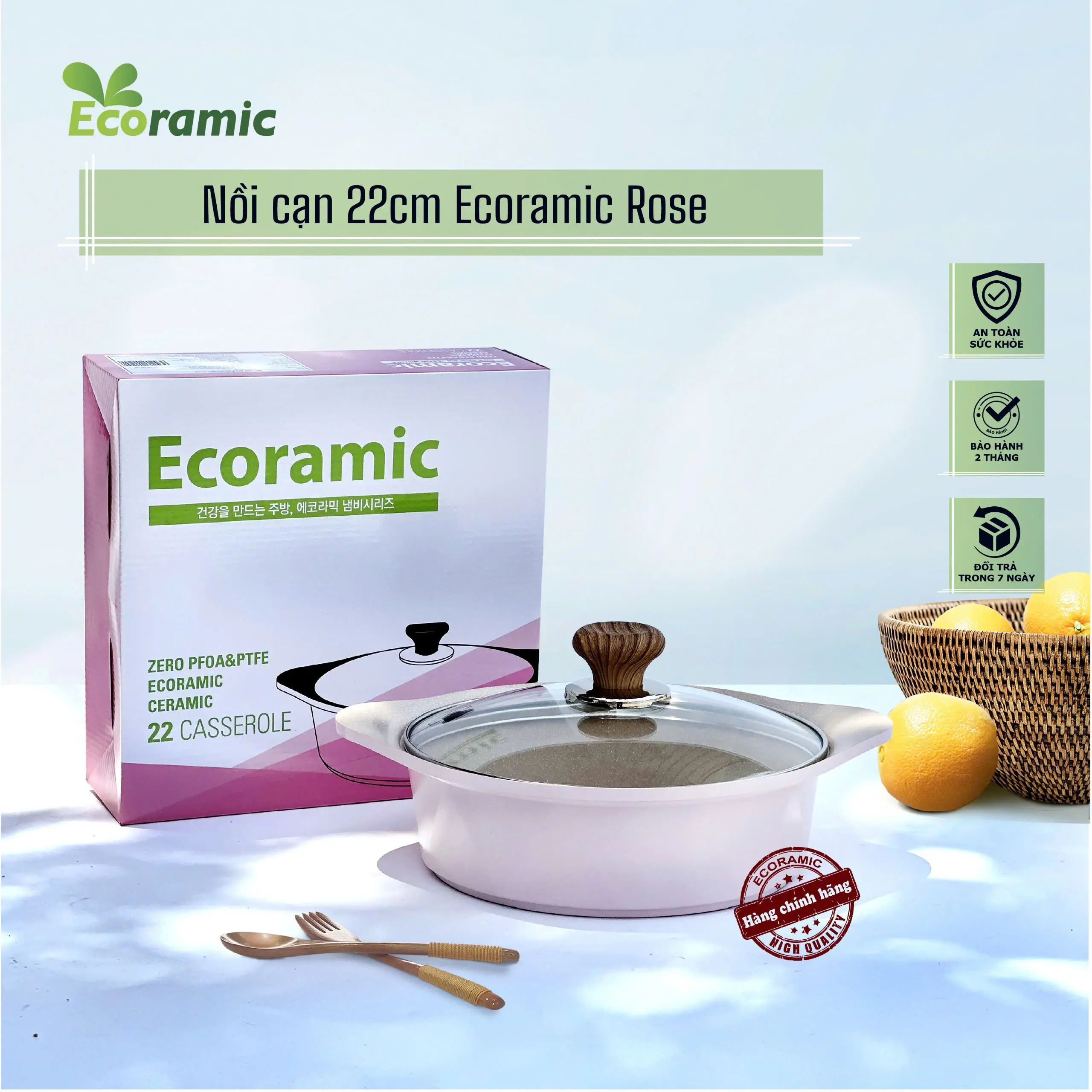 Nồi Cạn Đáy Từ Ecoramic Size 22cm - Phủ 5 Lớp Chống Dính Ceramic Cao Cấp - Dùng Mọi Loại Bếp