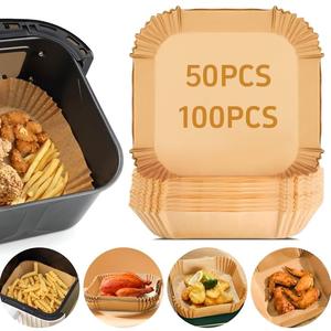 スクエアエアフライヤー用使い捨てクッキングペーパー 25/50/100枚入り ノンスティック・油防止・耐熱ペーパー 家庭やホテルで使えるキッチンアクセサリー