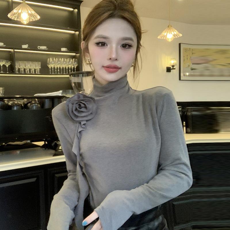 Áo Lớp Nền Hoa, Cổ Lọ Nửa, Dành Cho Nữ, Mùa Thu Và Mùa Đông, Cao Cấp, Hàng Mới Về 2025, Màu Đen, Dáng Ôm, Áo Thun Dài Tay, Có Thể Mặc Bên Trong Áo Cánh đồ trang trí ba chiều ren 0