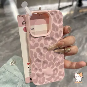 Case HP Kompatibel Untuk IPhone 11 15 13 16 14 12 Pro Max 13 14 15 16 12 Pro 16 15 14 Plus Fashion Manis Keren Motif Macan Tutul Merah Muda Mengkilap Gelombang Ruffle Soft Cover