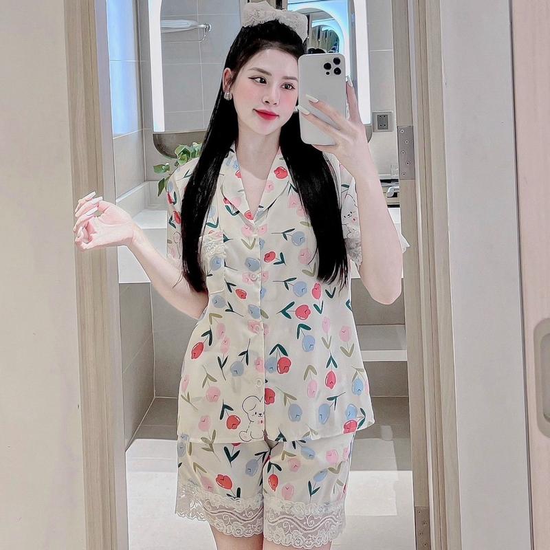 Bộ Lụa Latin Mịn Mềm Tay Ngắn Quần Đùi Cúc Đính Đá Phối Ren Mềm Mịn Đẹp Nhiều Hình Quả Đào Nơ Nhí Hoa Nhí Cho Nữ Mặc Nhà Quần Ngủ Áo Ngủ Women Nho 6