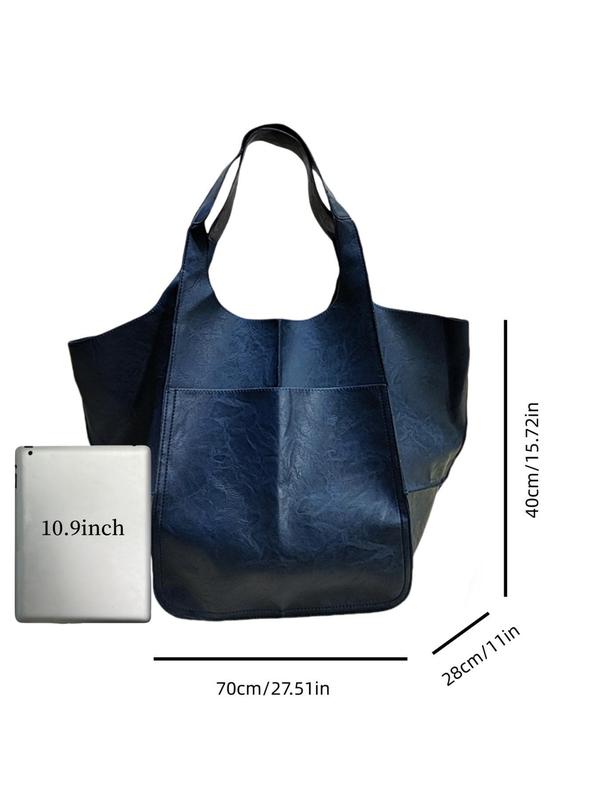Plain Color Large Capacity Tote Bag,  Fashion Casual Shoulder Bag for Women, Vintage Style Pu Leather Tote Bag for for Work Travel 1