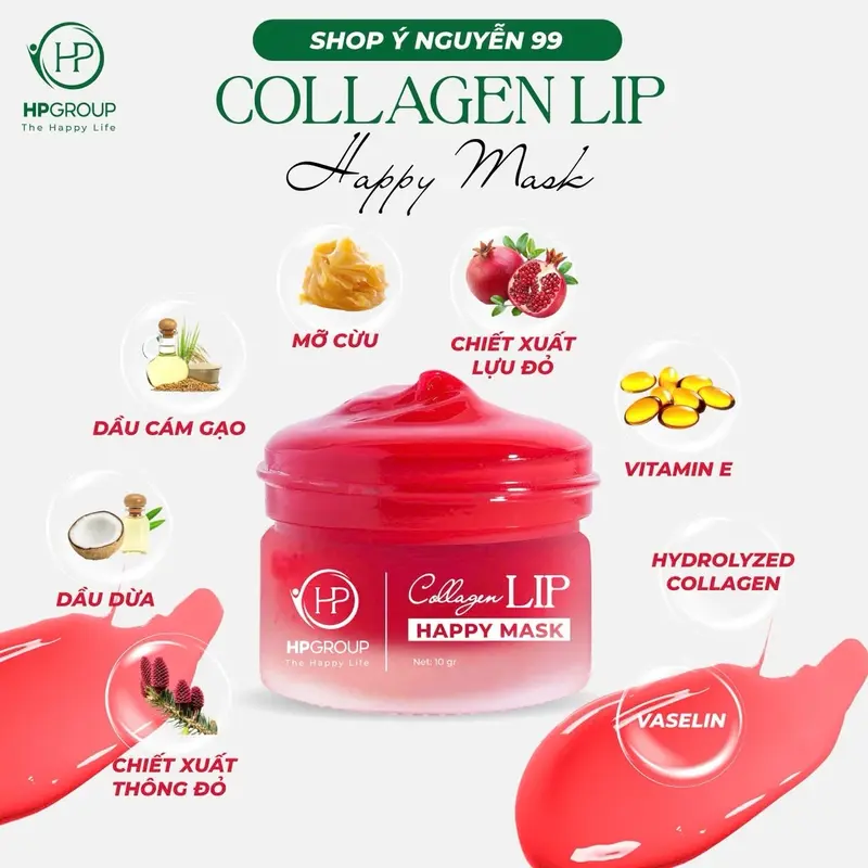 (Sỉ 10 hủ ủ môi ) Ủ Môi Collagen Lựu Đỏ Happy Lip HP GRUOP 10g Hỗ trợ mềm mướt môi, kích Hồng mờ thâm môi. Kích màu môi sau phun xăm 0