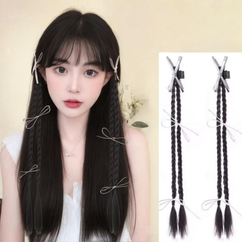Tóc Giả Kẹp Thắt Nơ Ruy Băng, Phong Cách Cô Gái Y2K, Ngọt Ngào Với Tóc Đuôi Ngựa Đôi Xoắn, Tóc Nối Bện Giả