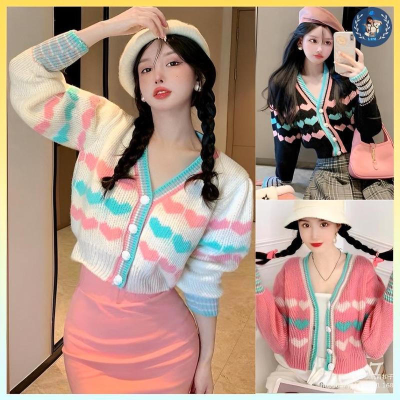 [A095] Áo KHOÁC ngoài cardigan len nữ THU ĐÔNG hàng dệt kim CÀI NÚT dài tay QC phối trái tim hot - L2M (Top sweater tingoan Nhung Women ) 【 hoa hồng  
