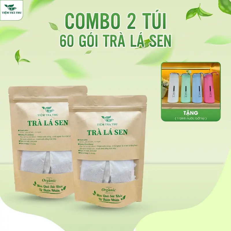 Combo 2 gói trà lá sen 60 túi lọc tặng bình nước thuỷ tinh 400ml Tea 0