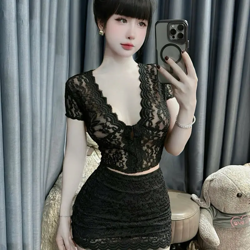 Sét áo ren cộc tay cổ V kèm cv ren ngắn