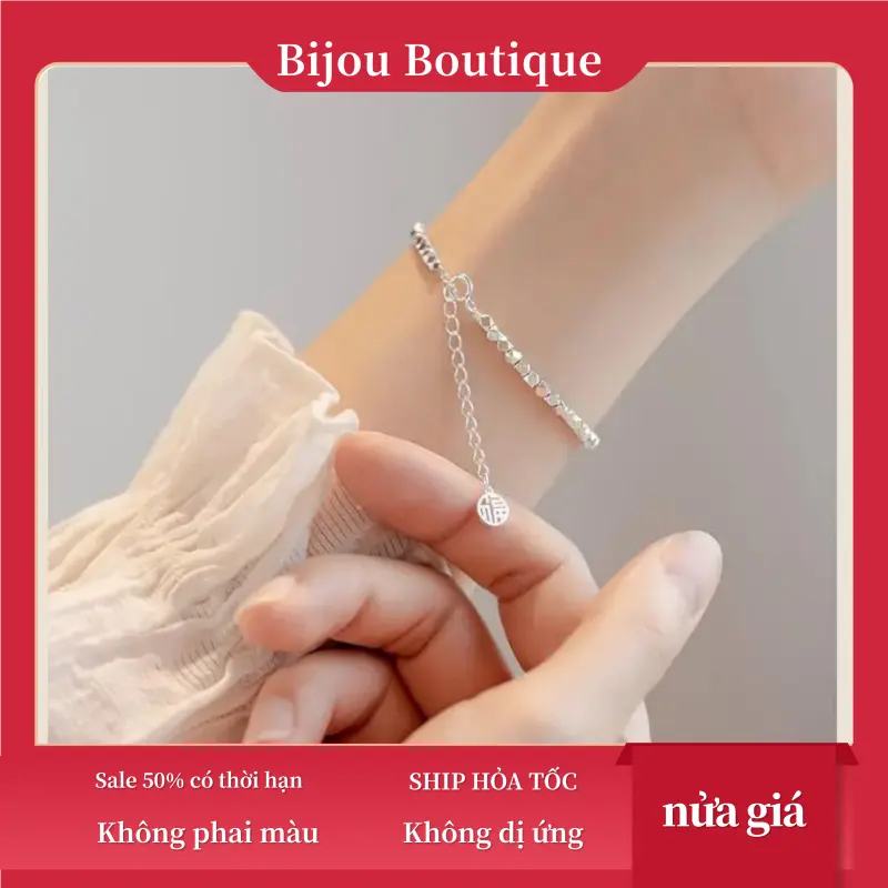 Lắc tay nữ b.ạ.c đặc chữ Phúc cầu may mắn Vòng tay freesize có nấc chỉnh size