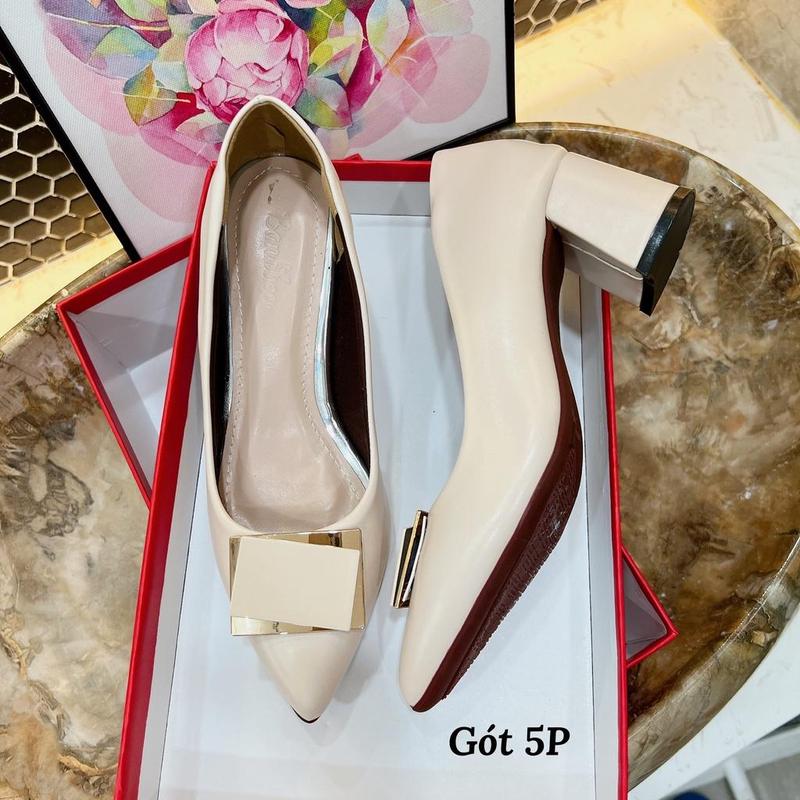 Giày Cao Gót Nữ Mũi Nhọn Giày Búp Bê gót vuông cao 5P khóa Chữ nhật êm và mềm - Cao 5cm - Xưởng Giày Bánh Bèo mã Cheo555