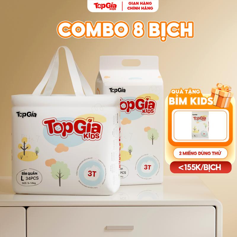 COMBO 8 BỊCH Tã Bỉm Topgiakids pH<7 an toàn cho da bé, mềm mại, mỏng nhẹ, chống tràn tối đa, đủ size từ S đến XXXL cho bé, tặng 2 miếng dùng thử (TDN)