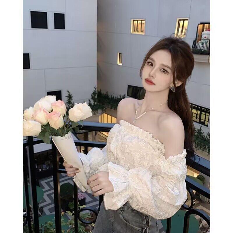 Áo Sơ Mi Trễ Vai Hình Lá, Ootd, Dành Cho Nữ, Tay Loe Rốn Ngắn, Áo Sơ Mi Dài Tay, Phong Cách Thanh Lịch Và Sang Trọng Kiểu Pháp, Thích Hợp Cho Mùa Hè 0