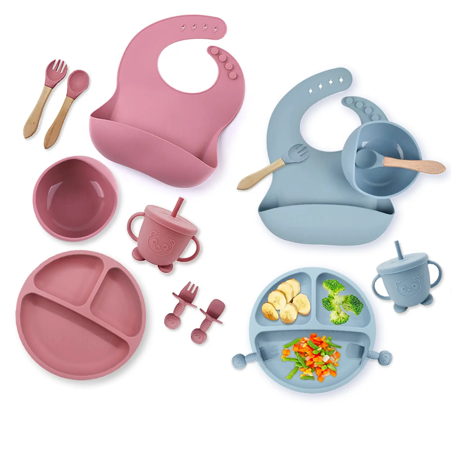 8 Pcs Baby Silicone Tableware Kids Utensil Bib Straw Cup Bowl Suction Plate Feeding Essential Set