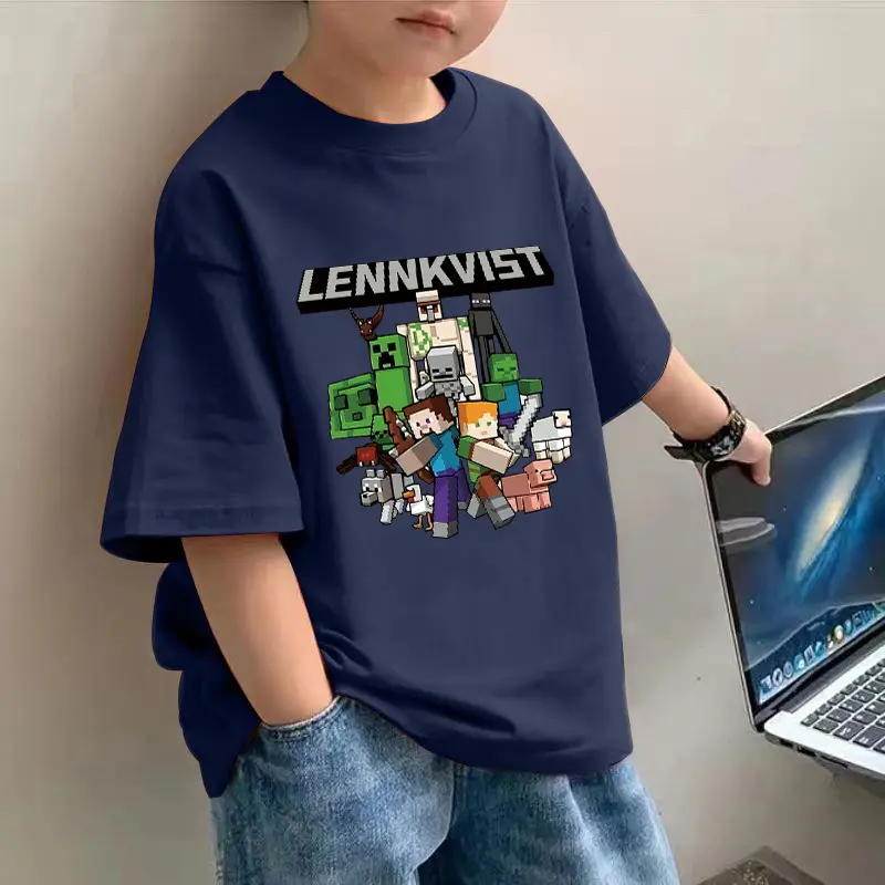 Cotton New Boy's Short-Sleeved T-shirt Summer My World Printed Children's Loose Fashionable Medium and Big Children's Loose Top