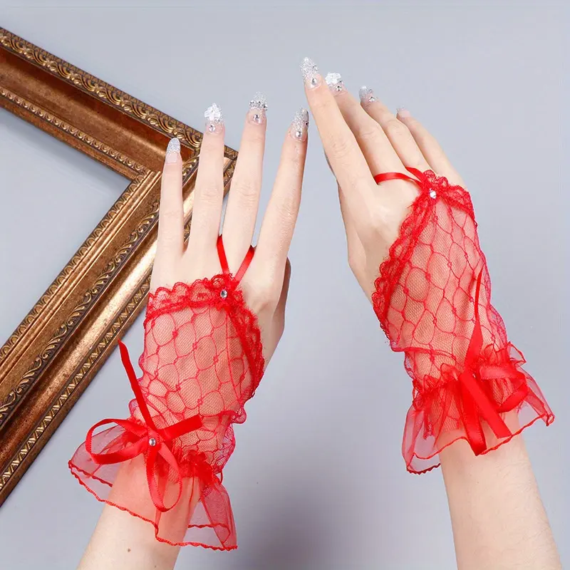 3Pairs Elegant Black Red White Breathable Mesh Fingerless Gloves - Lace with Bow & Ruffle Detail Perfect for Evening Parties, Weddings Dates 3