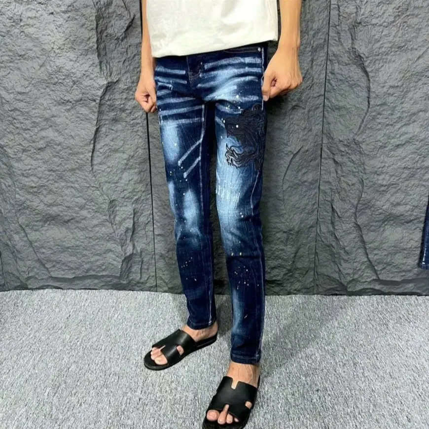 Quần Dsquy Xanh Thêu Mặt Hổ Phối Phiphi Bản Cúc Host Trren Nam - Menswear Jean Pants