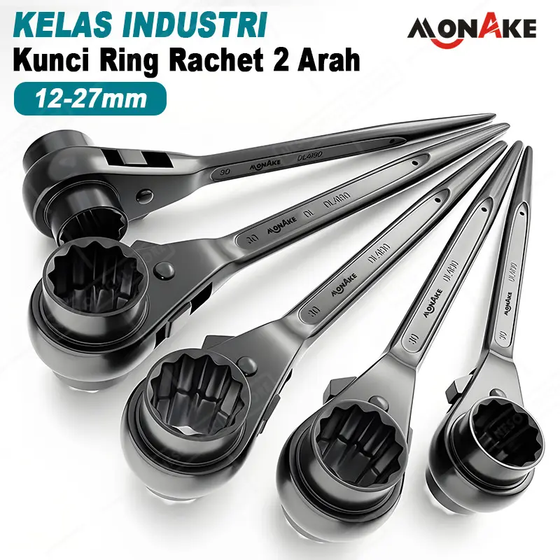 Monake German Kunci Ring Rachet 2 Arah Skafolding 12mm-27mm （COD）Double Rachet Ring Kunci Pas Ring Torsi Torque Kombinasi