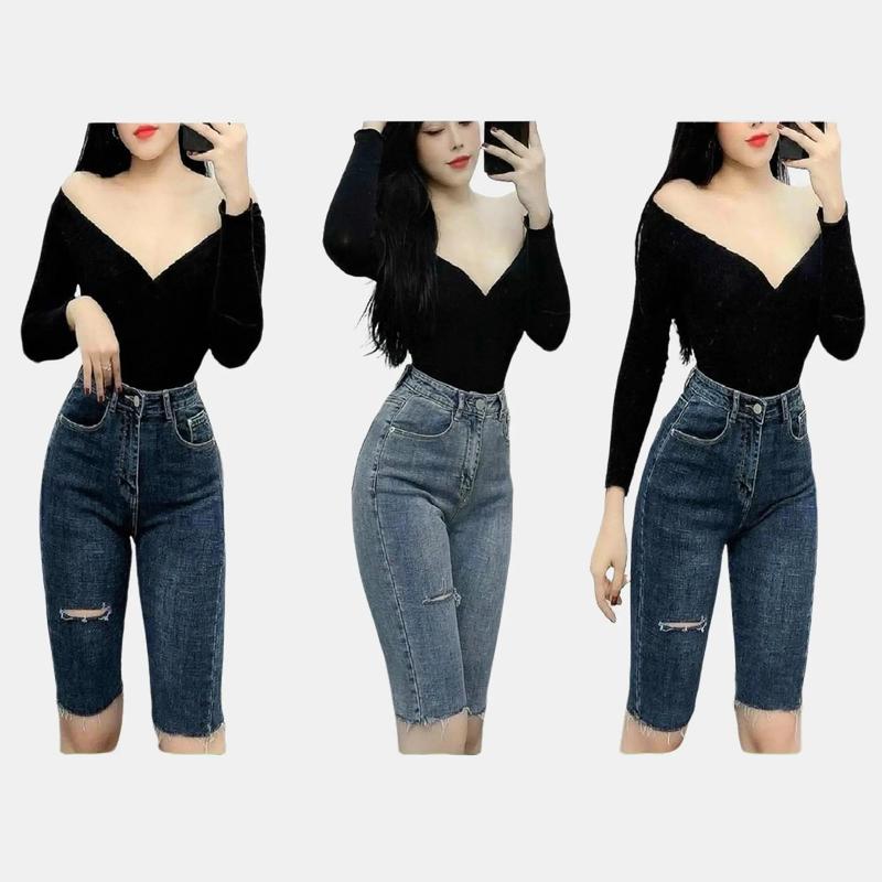 Quần Ngố Jean Co Giãn Rách Gối Form Ôm Dáng QJ107 Nữ Pants Denim Có Túi Women Size S-3XL Chất Liệu Jean Co Giãn Tốt Thiết Kế Hiện Đại Trẻ Trung