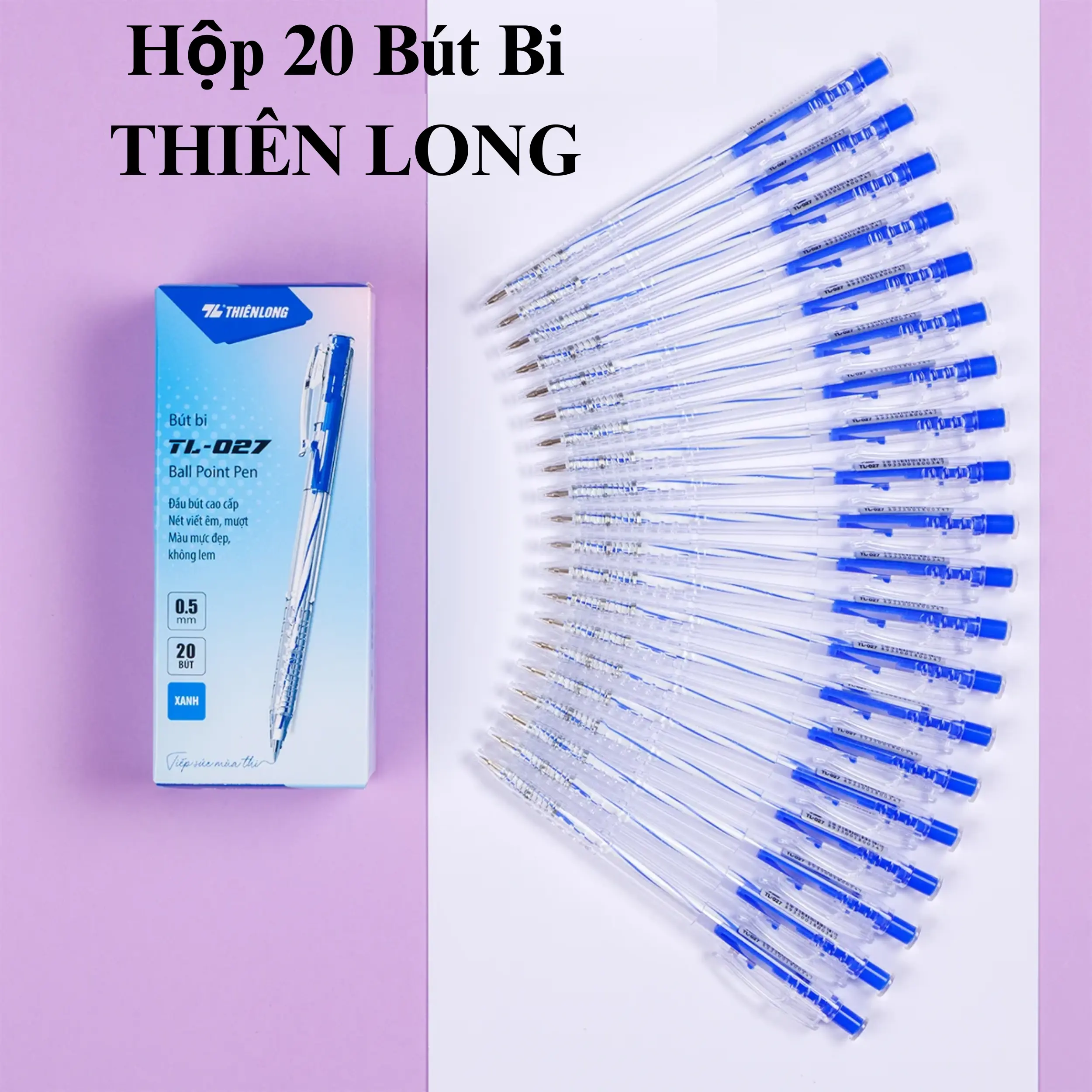 Bộ 20 bút bi Thiên Long, mực đen, xanh đầu 0.5mm
