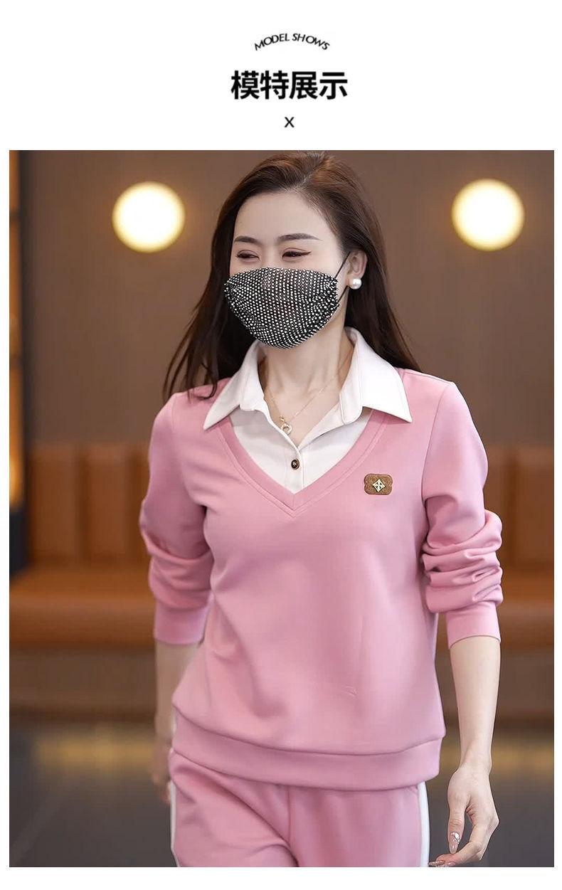 Product Introduction of Bộ Đồ Quần Áo Thể Thao Thường Ngày Cho Nữ, Bộ Sưu Tập Mùa Xuân Và Mùa Thu, Thời Trang Mới, Thích Hợp Cho Mẹ Trẻ, Áo Sơ Mi Chắp Vá, Cổ Áo, Áo Len Mỏng, Bộ Hai Mảnh 9