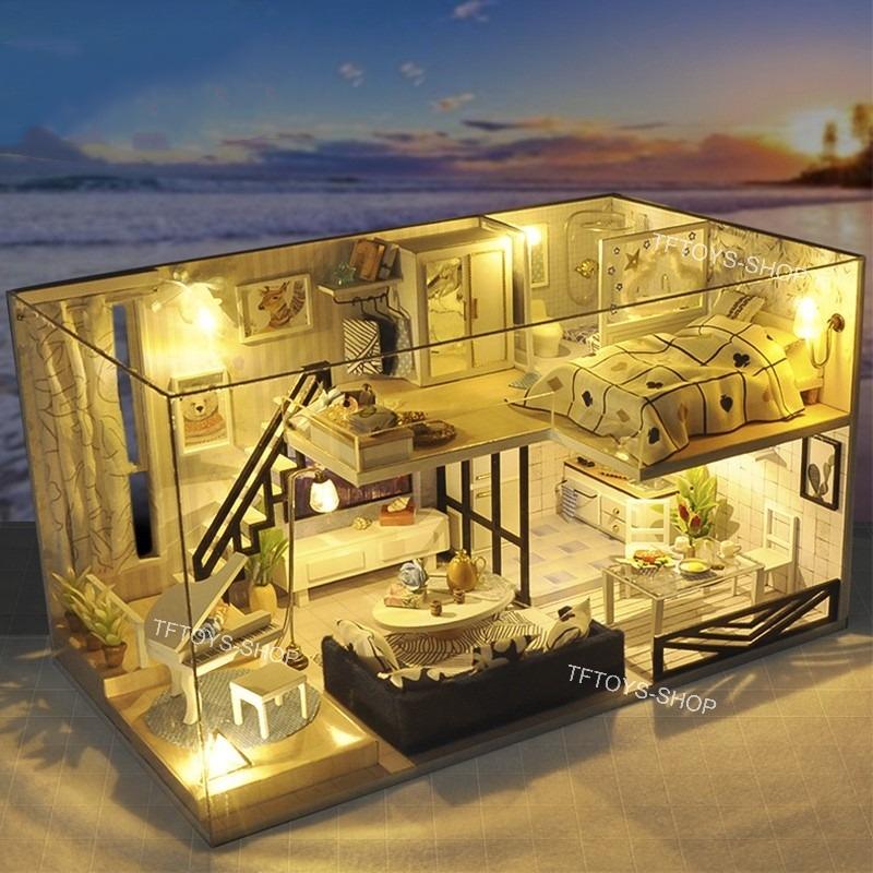 Mô hình lắp ráp Diy house Mô hình nhà gỗ búp bê Dollhouse DIY Mô hình nhà mini 【Tặng đèn LED+keo+pin+che bụi  