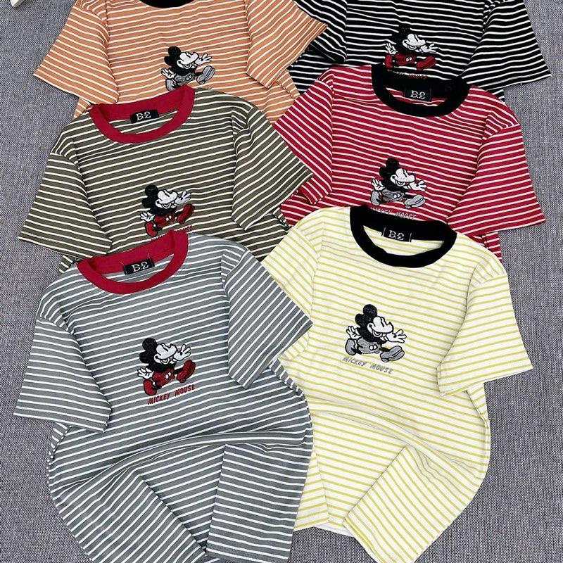 [Sọc Mickey] Áo Thun Nữ From Ôm Vừa Kẻ ngang Thêu Hình Mickey Xinh ,Cổ Tròn Phối Viền ,Tay Ngắn,Thun Co Giãn 4 Chiều