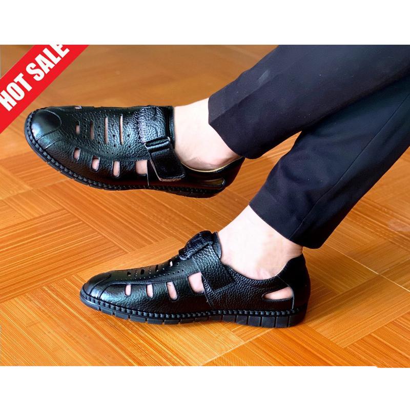 Giày rọ nam da bò cao cấp nguyên tấm đế khâu BẢO HÀNH 1 NĂM giày mùa hè đục lỗ thoáng khí giày lười nam da bò đục lỗ H-1 có size 44 màu đen Men’s Summer Shoes
