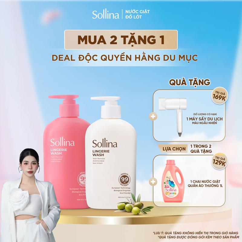 [ĐỘC QUYỀN HẰNG DU MỤC] Combo 2 Nước Giặt Đồ Lót Chuyên Dụng Sollina (1 Hồng + 1 Vàng) 400Ml/Chai Làm Sạch + Tặng 1 Máy Sấy Mini Hoặc 1 Can nước giặt 1L
