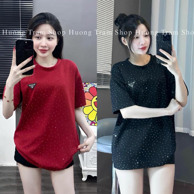 Áo Thun Đính Đá Thêu Tag ở ngực Hot Trend , Freesize 40-70kg , chất liệu umi đá lạnh co dãn mềm mát Nữ Women , áo thun form rộng cho nữ ,  áo thun nữ form rộng đẹp