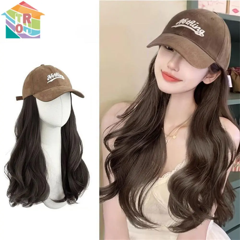 [Ready stock]  Style Natural Wig with Baseball Hat for Women Straight Curly Hair Enlarge The Brim of The Hat Atmosphere Extensions Hair Accessories