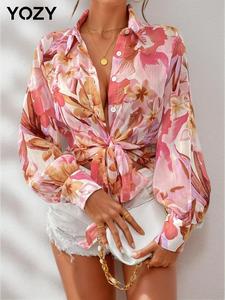 YOZY Knot Front Tie Blouse/ Casual All Over Print Long Sleeve Shirt, 2024 Women's Holiday Vacation Wear for Spring & Summer