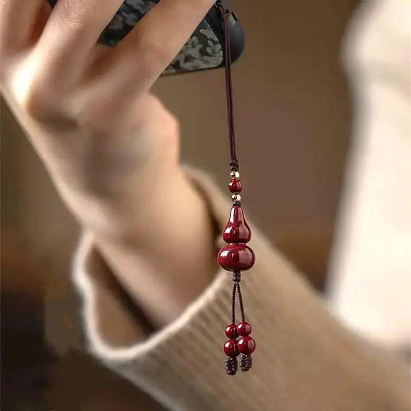 Handmade Chinese Cinnabar Gourd Key Chain for Bags and Mobile Phones Fashion Unisex Pendant