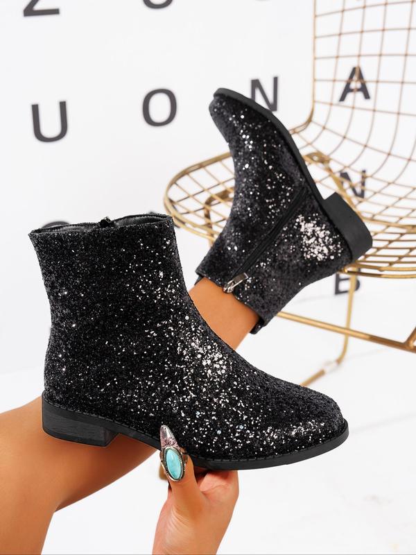 Women's Glitter Zipper Design Ankle Boots, Elegant Round Toe Chelsea Boots for Fall & Winter, Female All-match Trendy Shoes for Daily Wear Girl Footwear 7