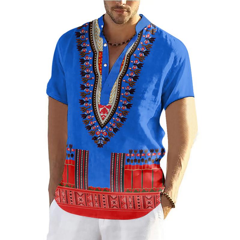 Product Introduction of 2025 New Year Ethnic Style Barong Shirt Men's Stand Collar Short Sleeve Top 3D Bohemian Traditional Retro Ethnic Clothes Outdoor Loose Breathable Quick-Drying Large Size Men's Clot 30
